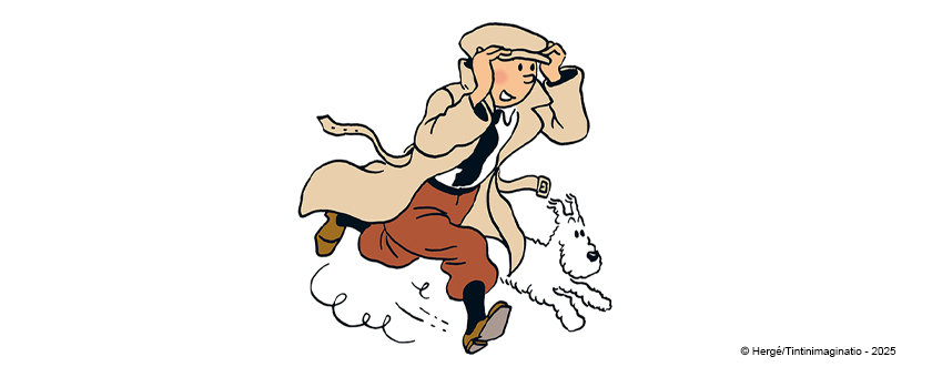 Die Comic-Figuren Tim und sein Hund Struppi rennen.